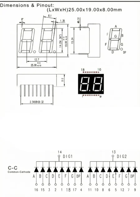 5612AS-1-18 360 Dual 7-Segment Display, 0.56″ Red, Common Cathode, 18-Pin (9×2)