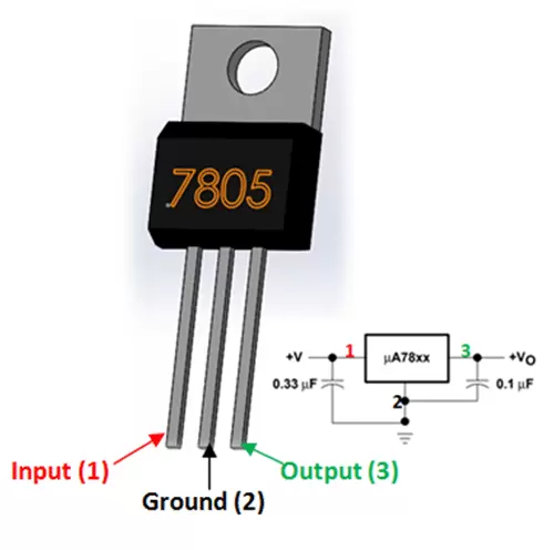 L7805CV Linear Voltage Regulator 5V/1A out, TO-220 1 7805 Voltage Regulator Pinout 1.png