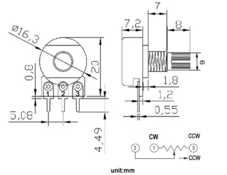 Metal Rotary Potentiometer B250K 250KΩ 3-Pin 15mm Shaft