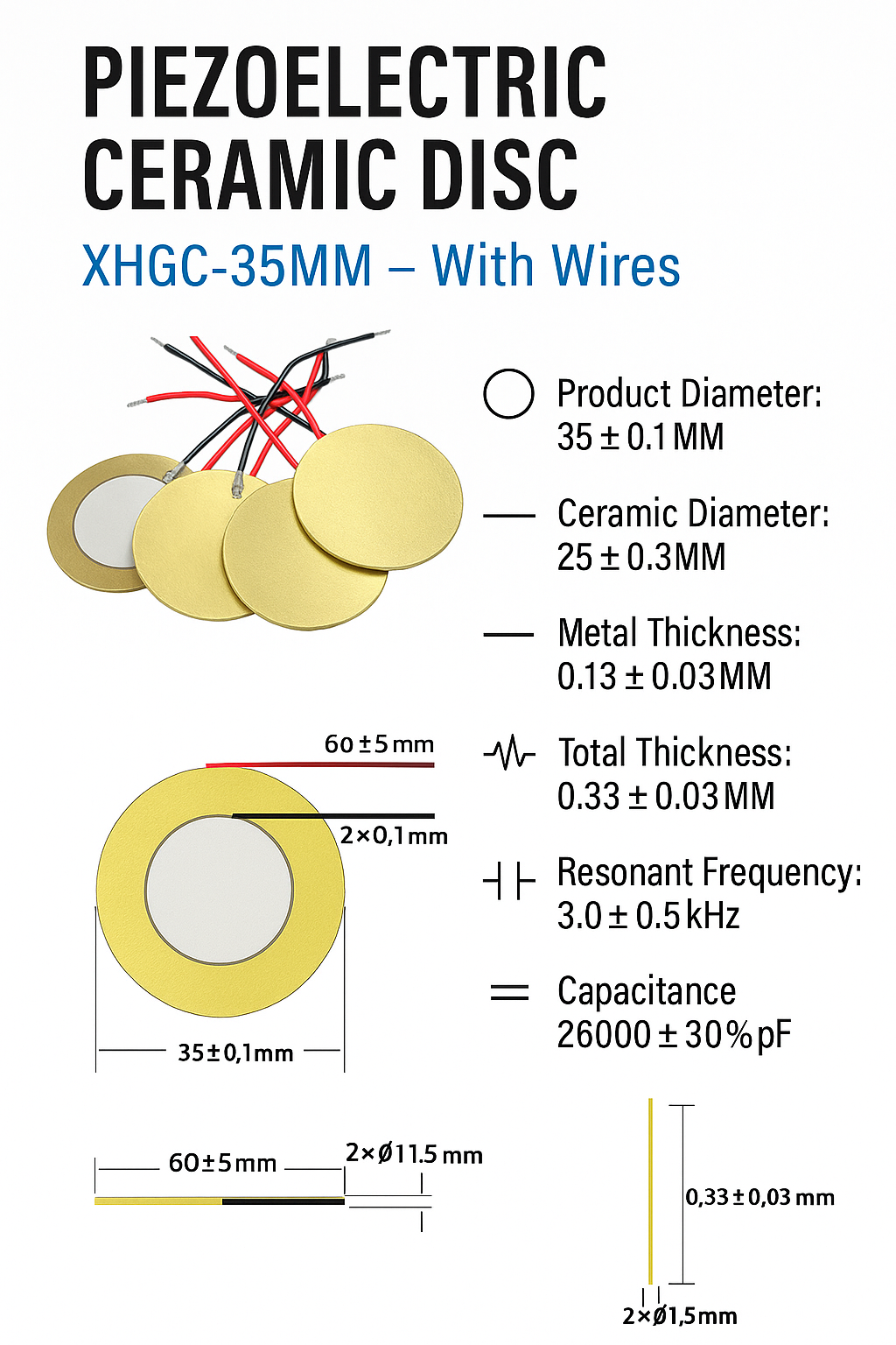 Piezo Element Piezoelectric Sensor Detect Vibration or a Knock 35mm with Cable