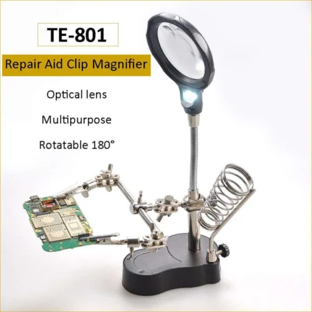 TE-801 LED Helping Hand Magnifier with Soldering Iron Stand and PCB Holding Clips 35X 12X w/ 2-LED Light