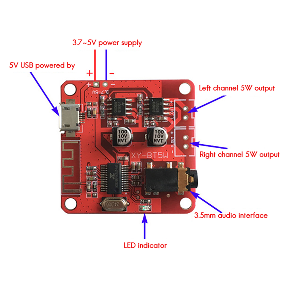 XY-BT5W DC 3.7~5V Bluetooth 5.0 Audio Receiver 5w+5w Stereo Power Amplifier Board