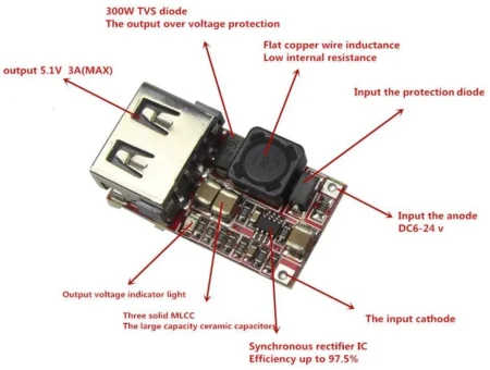 DC to DC 6-24V to 5V 3A USB Output Step Down Power Charger with Adjustable Buck Converter