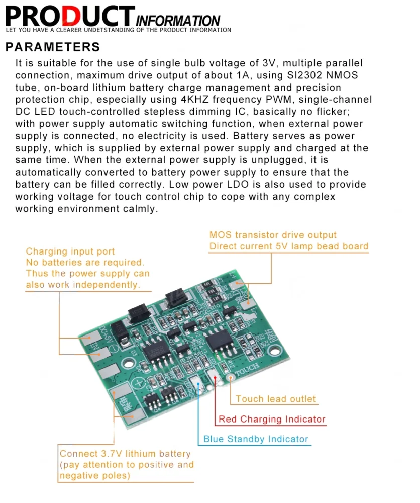DC LED with charging protection TC4056 TP4056 touch dimming lamp control panel DIY repair general desk lamp circuit