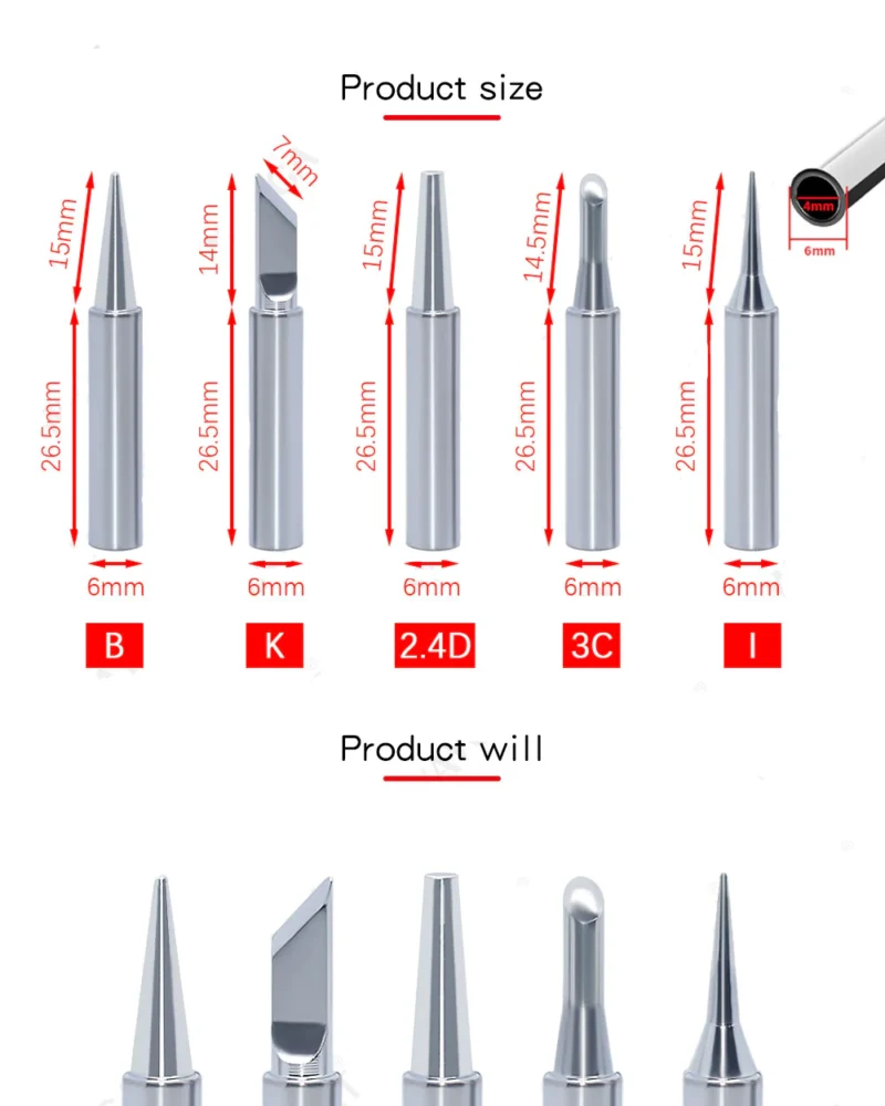 5Pcs tip set I+B+K+2.4D+3C soldering iron pure copper 900M