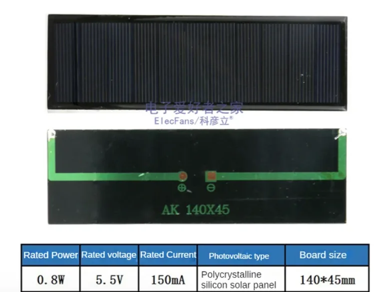 Mini Solar Panel 0.8W 5.5V 150mA — 140×45mm Polysilicon, Waterproof Epoxy 1 1