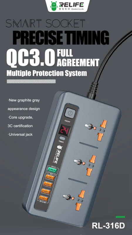 RELIFE RL-316D QC 3.0 Intelligent Timing Control Switch Socket 3 Power Strip 5 USB Fast Charging