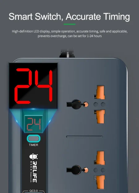 RELIFE RL-316D QC 3.0 Intelligent Timing Control Switch Socket 3 Power Strip 5 USB Fast Charging