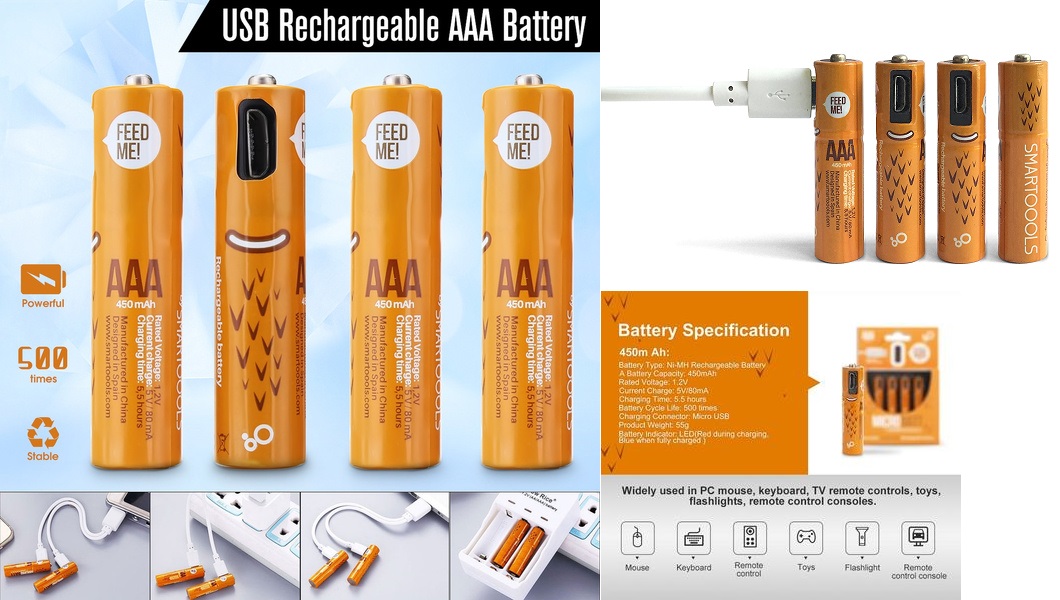 Smartoools 4 x AAA Batteries Rechargeable 450mAh Twins Chip D122