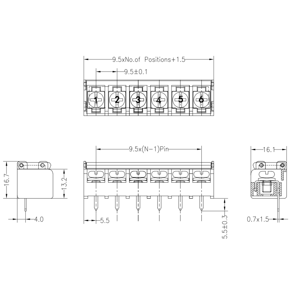 4 Pin Barrier Terminal Block Connector with Flap Cover Lid 9.5 mm HB9500SS-9.5-4p
