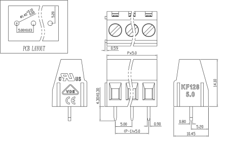 Terminal Block 3 pin KF128-5-3P 300v 10A 5.0mm pitch PCB mount Terminal Block connector