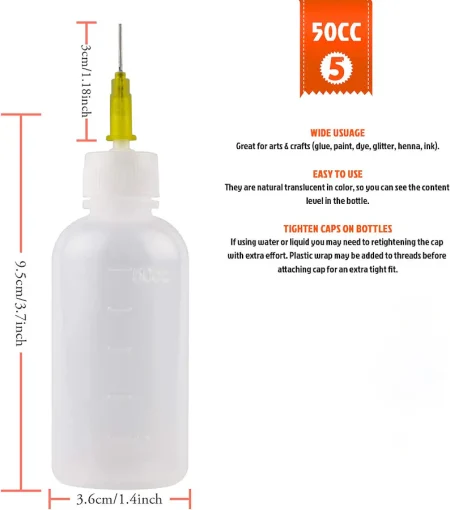 50cc Bottle 50ML Needle Tip Glue Bottle Squeeze Plastic Bottle Dispensing Needle Sealing Cap, Needle Tip Bottles