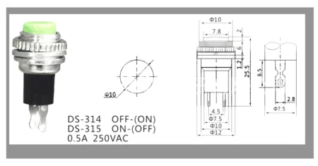 DS-314 10mm Red Momentary Push Button Switch 0.5A 250VAC