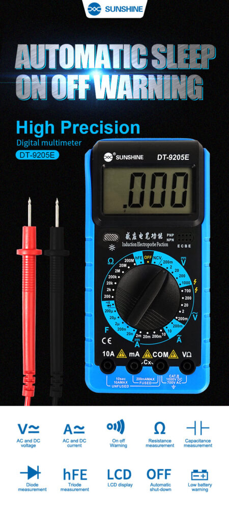 SUNSHINE DT-9205E High Precision Digital Multimeter Automatic On Off Warning AC/DC Voltage Current Resistance Capacitance Tester