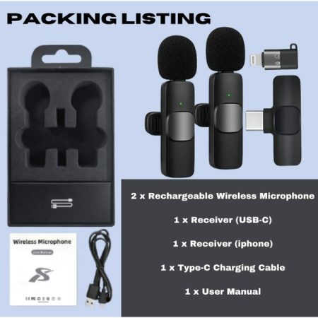 K9 Wireless Microphone Dual Omnidirectional for Type-C & iPhone