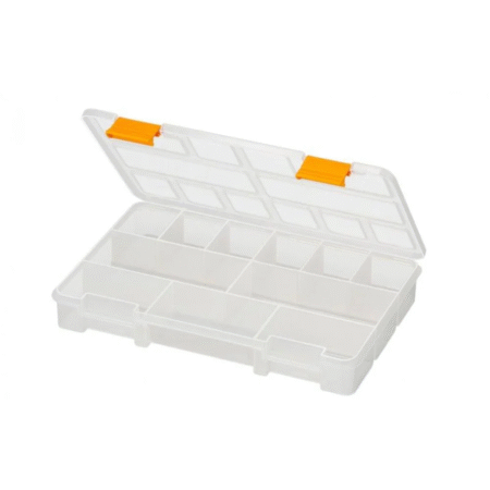 MANO S-ORG-9 Small Parts Organizer Box – 15-Slot Transparent Plastic Case 9”