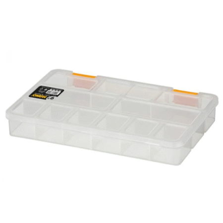 MANO S-ORG-9 Small Parts Organizer Box – 15-Slot Transparent Plastic Case 9”