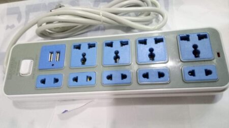 Power Strip with 9 Outlets & 2 USB Ports – 2m Cable, 2500W