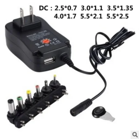 Hopson 30W Universal AC/DC Adapter Switching Power Supply with 8 Selectable Adapter Plugs, for 3V 4.5V 5V 6V 7.5V 9V 12V Household Electronics - 2000mA Max with USB port 1A