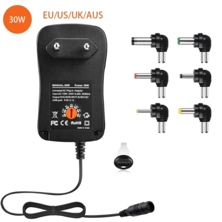 Hopson 30W Universal AC/DC Adapter Switching Power Supply with 8 Selectable Adapter Plugs, for 3V 4.5V 5V 6V 7.5V 9V 12V Household Electronics - 2000mA Max with USB port 1A