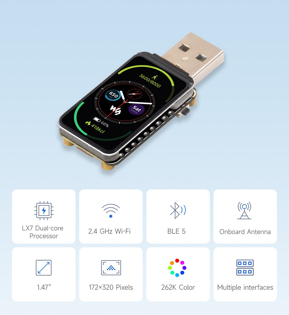 Waveshare ESP32-S3-LCD-1.47 USB Development Board – WiFi + BLE + 1.47" Color Display 2 ESP32 S3 LCD 1.47 details 1