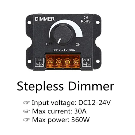 LED Dimmer DC 12–24V 30A (Single-Color PWM, Knob Control, Metal Housing)