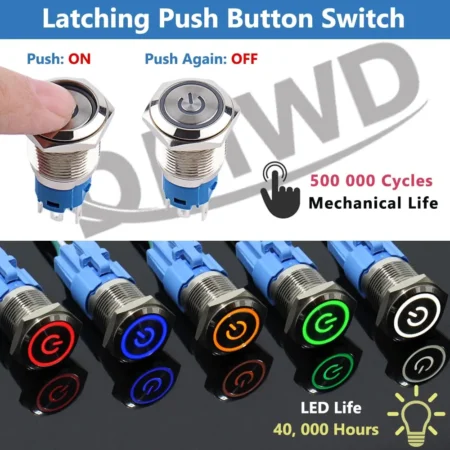 16mm Latching Push Button Switch Blue LED Power Symbol (12–24V, IP66, 1NO1NC, Metal, Panel Mount)