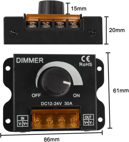 LED Dimmer DC 12–24V 30A (Single-Color PWM, Knob Control, Metal Housing)