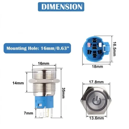 16mm Latching Push Button Switch Blue LED Power Symbol (12–24V, IP66, 1NO1NC, Metal, Panel Mount)