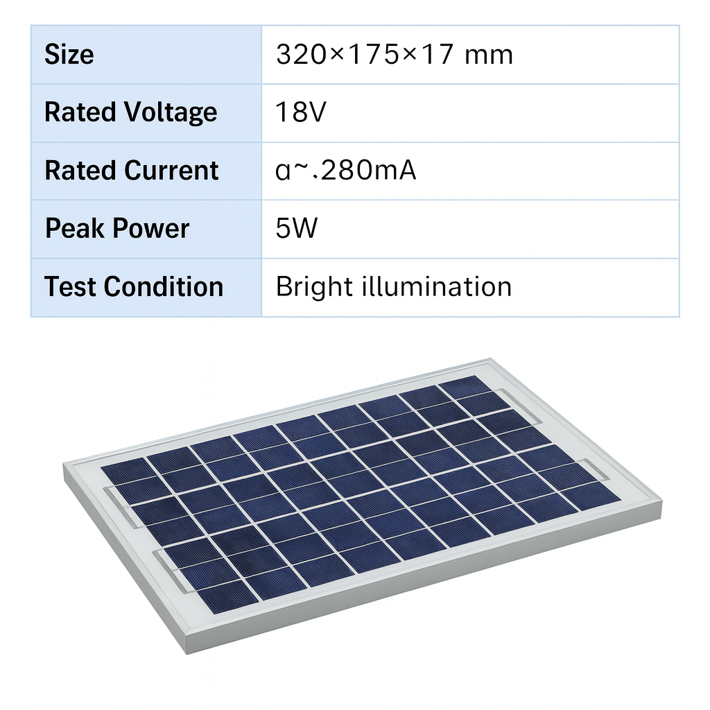 18V 5W Solar Panel 320×175×17mm (≈280mA) — Framed Mini PV Module for 12V Systems, Signage & IoT