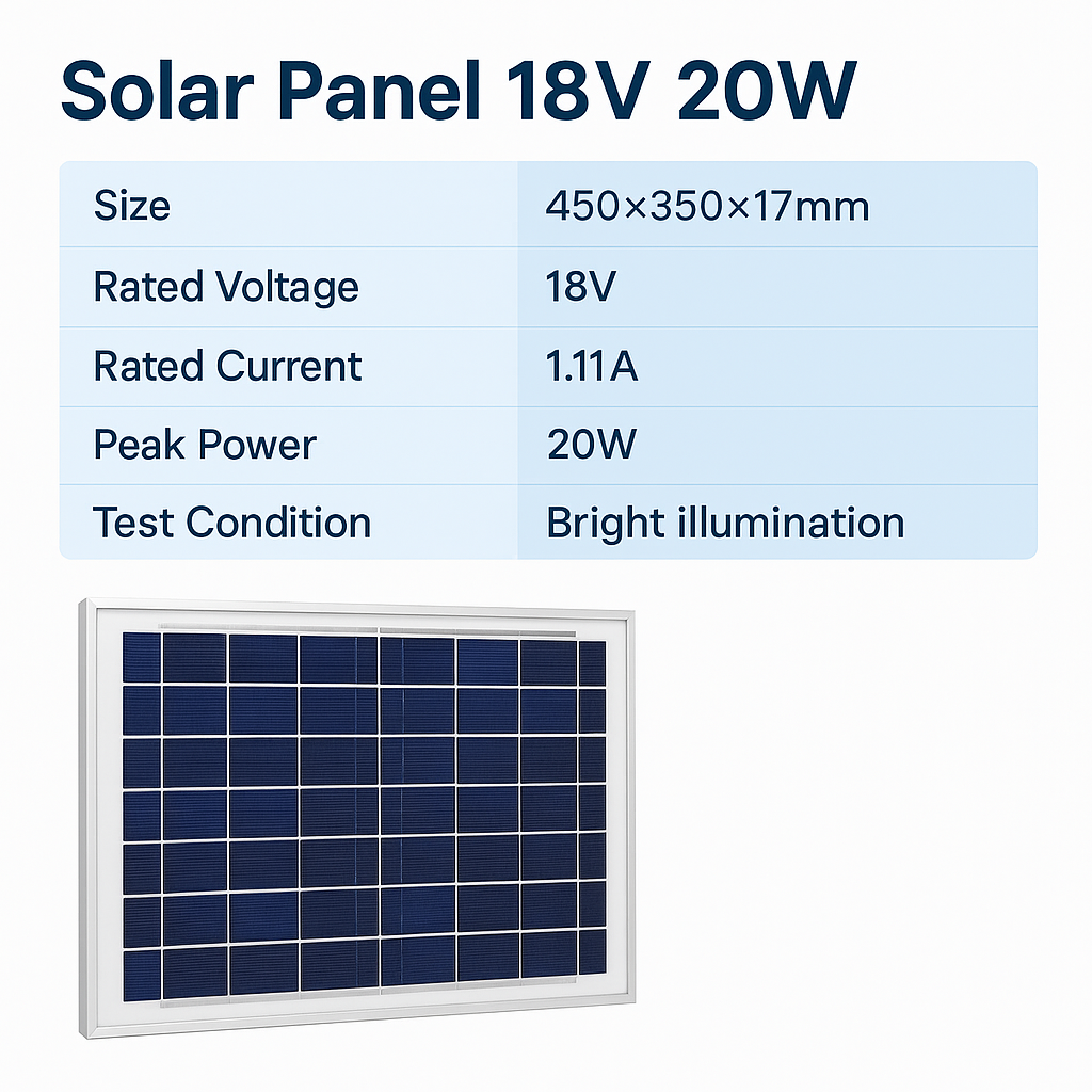 18V 20W Solar Panel 450×350×17mm (≈1.11A) — Framed Compact PV for 12V Systems, LED Signage & Outdoor IoT
