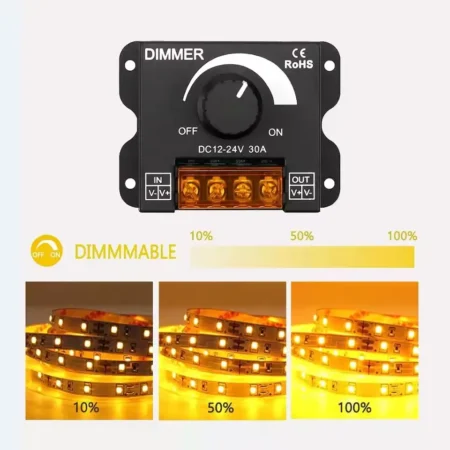 LED Dimmer DC 12–24V 30A (Single-Color PWM, Knob Control, Metal Housing)