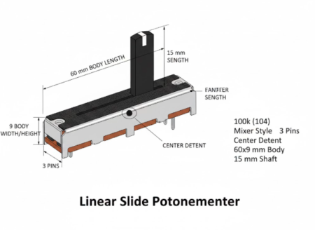 Linear Slide Pot 100k (104) — 3-Pin, 60×9 mm Body, 15 mm Shaft, Center Detent