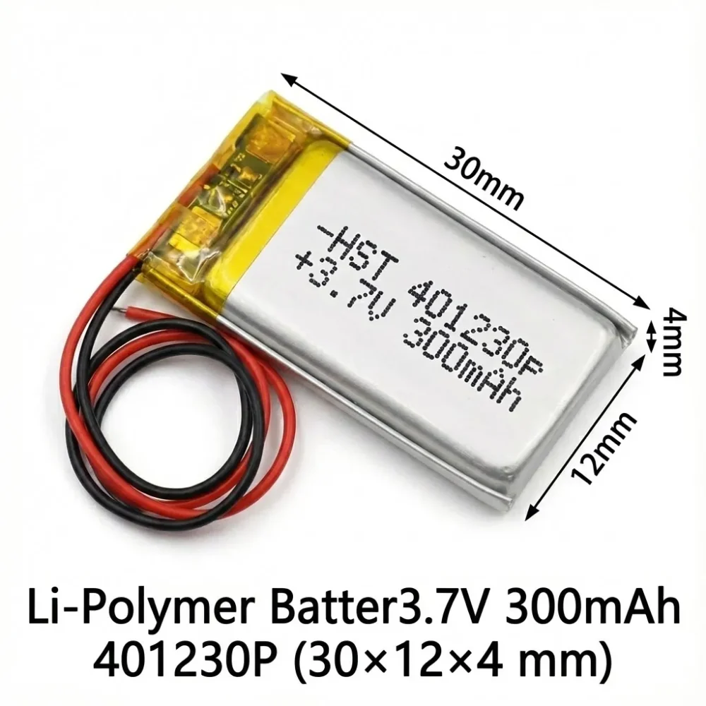 Li‑Polymer Battery 3.7V 300mAh 401230P (30×12×4 mm)