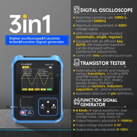 FNIRSI DSO-TC3 3-IN-1 Handheld 500KHz 10MS/s Digital Oscilloscopes Signal Generator Transistor Tester