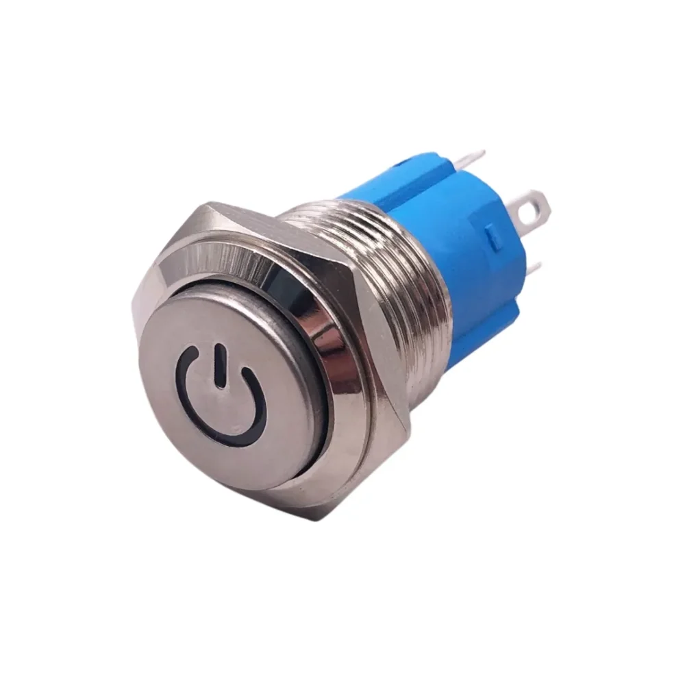 16mm Latching Push Button Switch Blue LED Power Symbol (12–24V, IP66, 1NO1NC, Metal, Panel Mount)