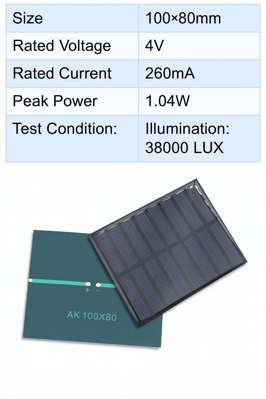 4V 260mA Solar Panel 100×80mm (1.04W) — Mini Photovoltaic Module for DIY & IoT