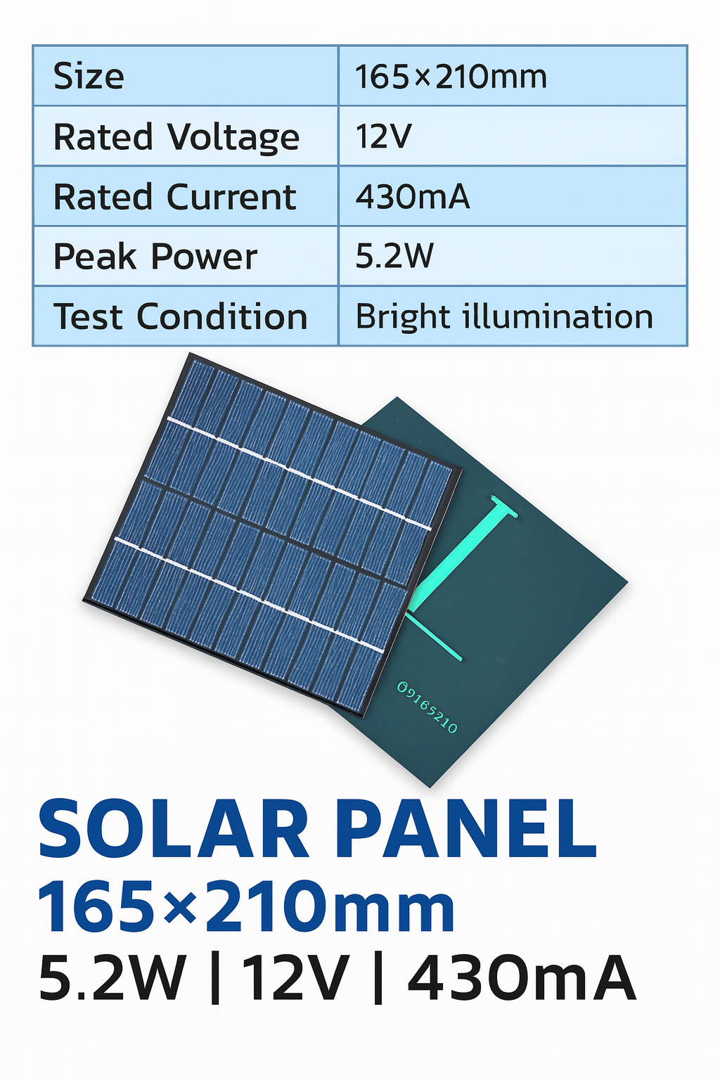 12V 5.2W Solar Panel 165×210mm (≈430mA) — Compact High‑Output PV for Charging, Sensors & Signage 