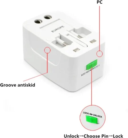 Universal Travel Adapter — All‑in‑One Worldwide Plug (US / UK / EU / AU) — Safety Shutters, Surge Protection, Lock Slider