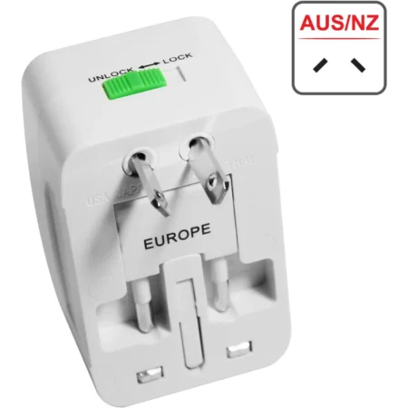Universal Travel Adapter — All‑in‑One Worldwide Plug (US / UK / EU / AU) — Safety Shutters, Surge Protection, Lock Slider