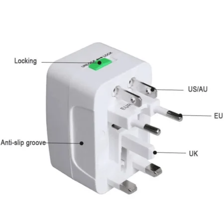 Universal Travel Adapter — All‑in‑One Worldwide Plug (US / UK / EU / AU) — Safety Shutters, Surge Protection, Lock Slider