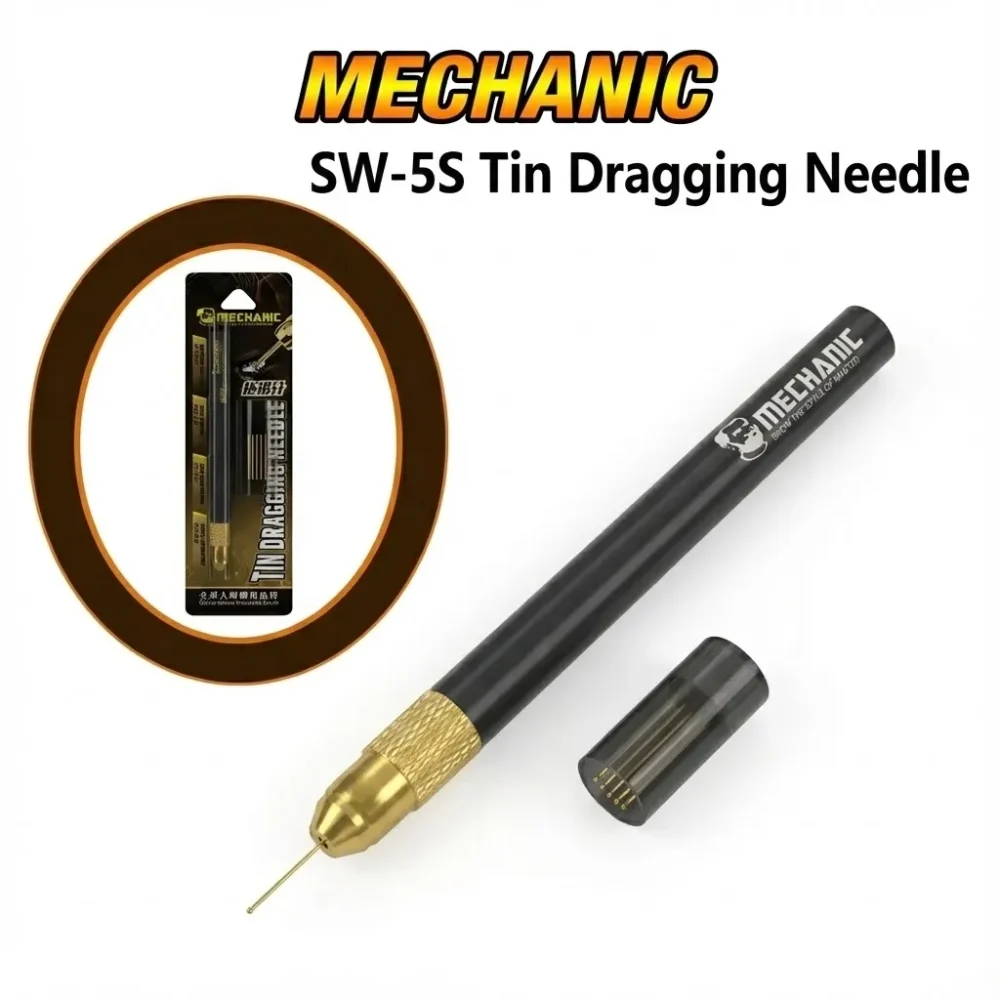 MECHANIC SW-5S Tin-Dragging Needle (Gold-Plated, Anti-Static Carbon Handle) — Set with 5 Pins