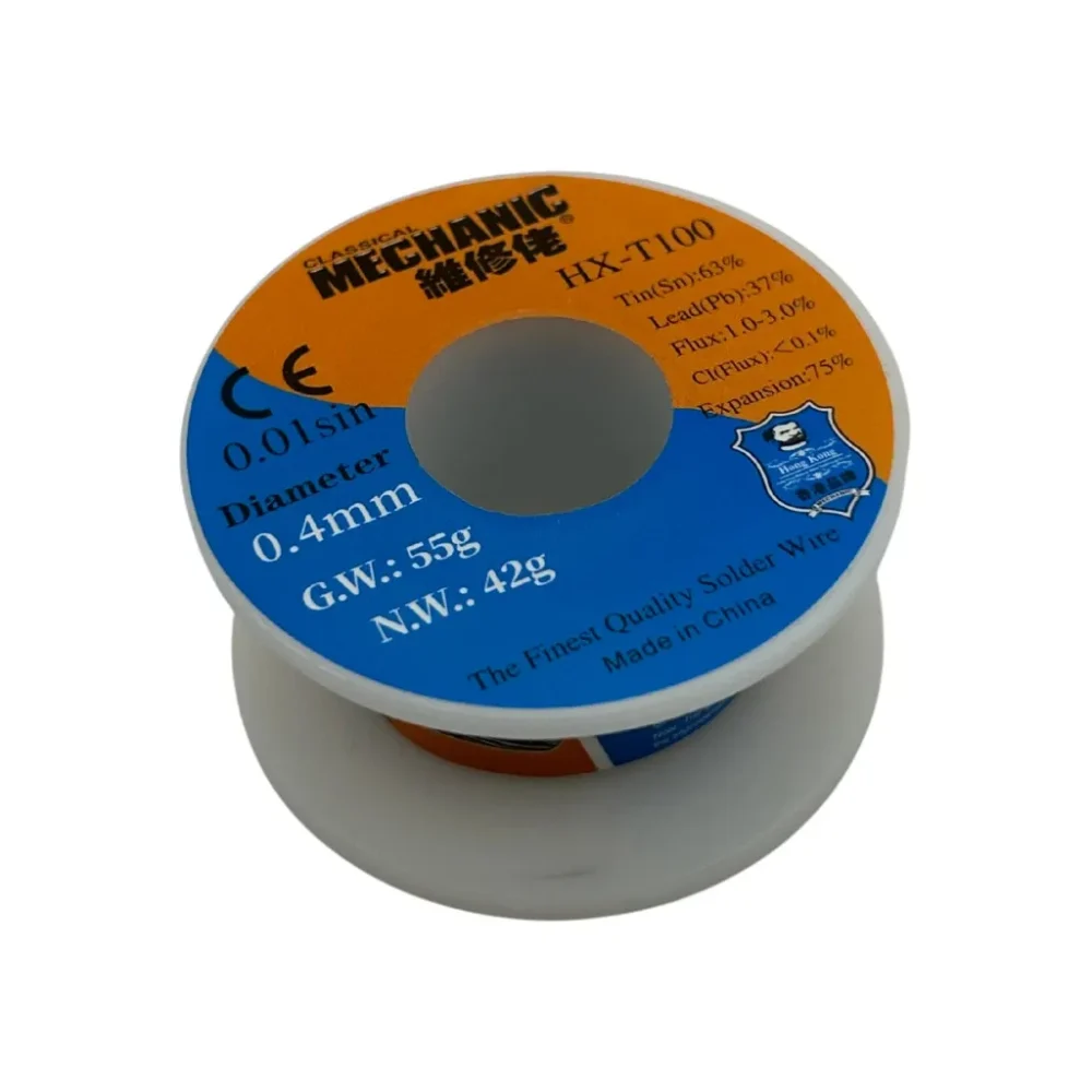 MECHANIC HX‑T100 63/37 Rosin‑Core Solder Wire 0.4mm | 42g Spool (GW 55g) – Fine‑Pitch, Low‑Spatter