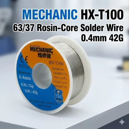 MECHANIC HX‑T100 63/37 Rosin‑Core Solder Wire 0.4mm | 42g Spool (GW 55g) – Fine‑Pitch, Low‑Spatter