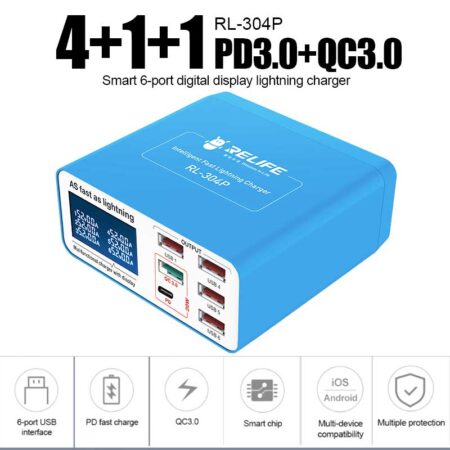 RELIFE RL-304P Smart 6-Port USB Charger | PD 3.0 + QC 3.0, Digital Display, 40W Max