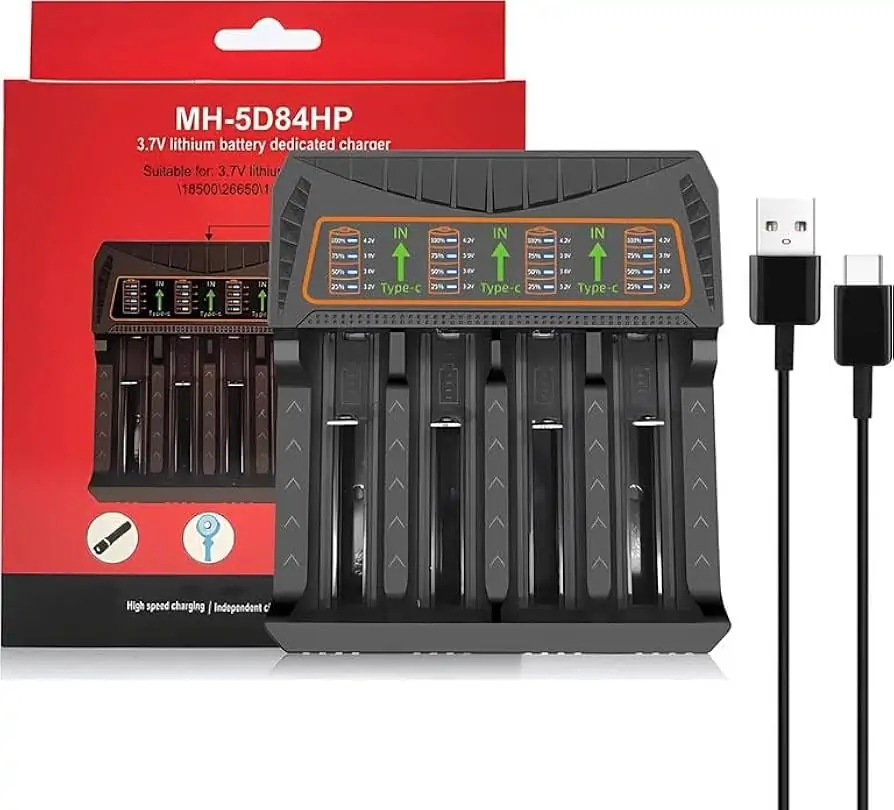 MH-5D84HP USB-C 4-Slot 18650/21700 Charger | 4.2V 4000mA, Independent Charging