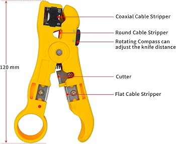 Universal Coax & Cable Stripping Tool — 4-in-1 (RG59/RG6/RG11, Round/Flat, Cutter), 120 mm