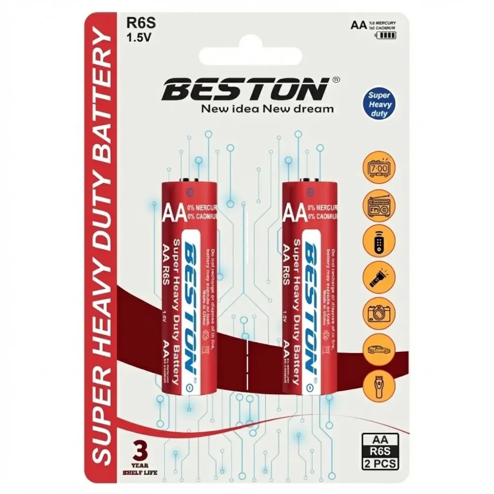 BESTON AA 1.5V Super Heavy Duty (R6S) Zinc‑Carbon — 2 Pcs Pack