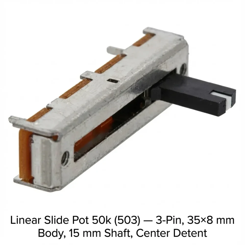 Linear Slide Pot 50k (503) — Mixer Style, 35×8 mm Body, 15 mm Long Shaft, 3 Pins, Center Detent