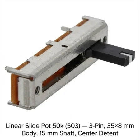 Linear Slide Pot 50k (503) — Mixer Style, 35×8 mm Body, 15 mm Long Shaft, 3 Pins, Center Detent